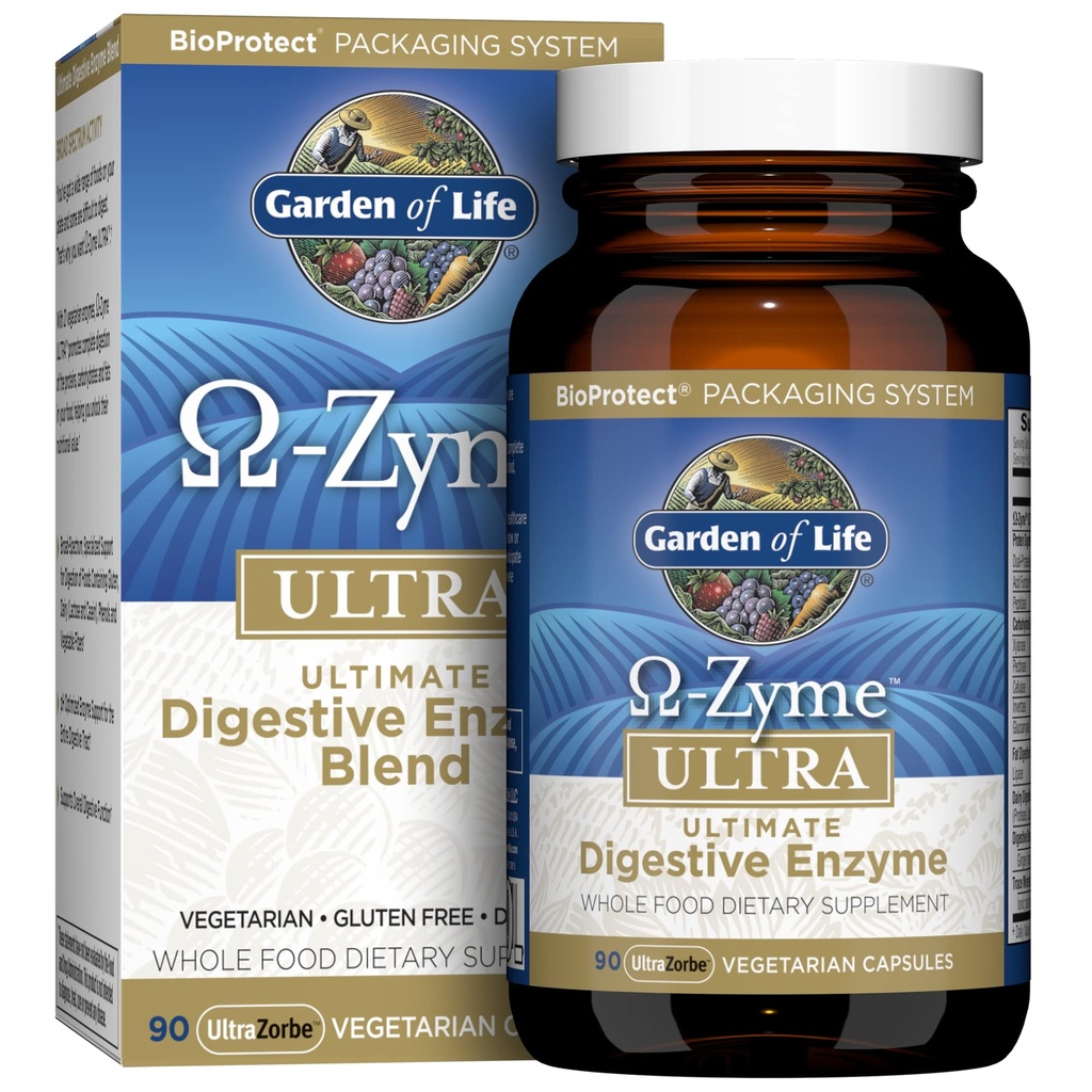 Garden of Life 21 Powerful Digestive Enzymes with Papain, Bromelain, Lipase, Plus Ginger and Turmeric - Omega-Zyme Ultra, Enzymes for Digestion Dietary Supplement, Vegetarian, 90 Capsules
