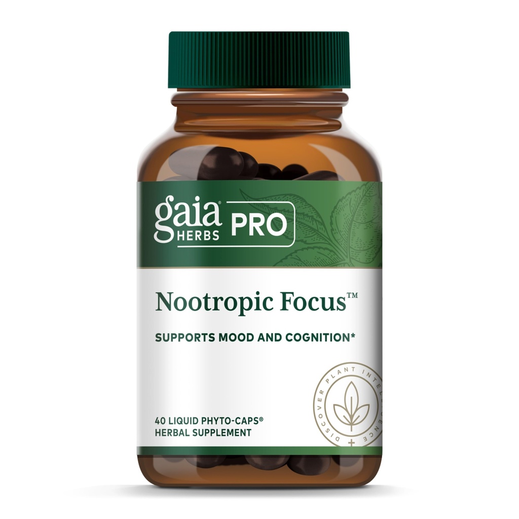 GAIA HERBS PRO Nootrop Focus - Brain Health Support Supplement * - Nootrop Supplement med Saffron, Ginkgo Leaf Extract & Lemon Balm - Vegan, Gluten- Free - 40 flydende Phyto- Caps (20 Servere)