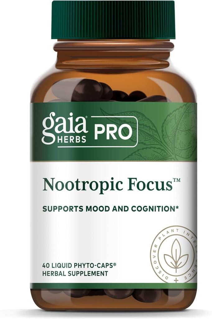GAIA HERBS PRO Nootrop Focus - Brain Health Support Supplement * - Nootrop Supplement med Saffron, Ginkgo Leaf Extract & Lemon Balm - Vegan, Gluten- Free - 40 flydende Phyto- Caps (20 Servere)