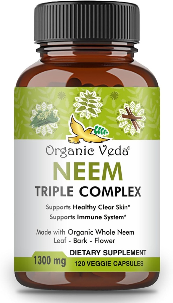 Organic Veda Neem Capsules with Triple Complex Neem Leaf Extract, Bark & Flower - Herbal Supplement Boosts Immunity, Improves Digestion, Skin Health & Support Cleansing - 120 Count