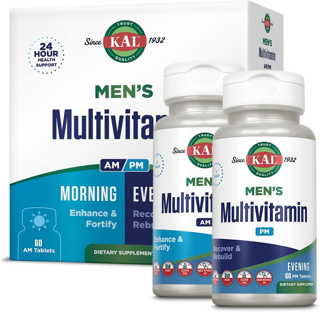 KAL Mænds Multivitamin AM / PM, Antioxidanter Supplement, Muskel, Immun, Elektrolyte Balance, Samlet Wellness Support, Made without GMO 'er og soja, Vegan, 30 Servere, 120 tabletter