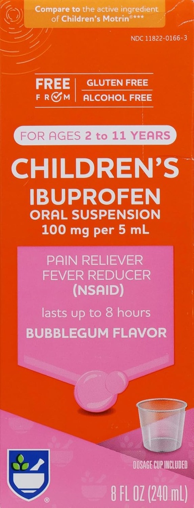 Rite Aid Children 's Ibuprofen, Age 2- 11, Bubble Gum - 8 oz Memory 124; Kids Pain Reliever & Fever Reducer Memory 124; for Children Age 2 til 11 År Memory 124; Ibuprofen Oral Suspension 100 mg / 5 ml Memory 124; Alkohol Free & Gluten Free