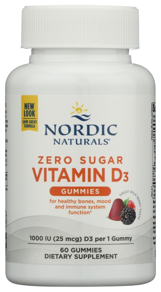 Nordic Naturals Zero Sugar Vitamin D3 Gummies, Wild Berry - 60 Gummies - 1000 IE D3-vitamin - stor smag - sunde knogler, mood & immunsystem funktion - non-GMO - 60 Servering