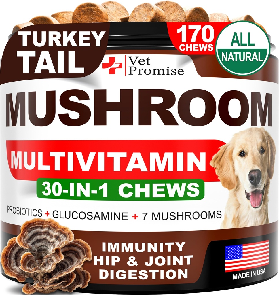 Svampe til hunde - 170 tykkere - Kalkun Hale - Svampe supplement til hunde - Lions Mane - Reishi - Immunity Support Multivitamin Vitaminer - Fælles sundhed - Energi - Gut - Hud - Made in USA