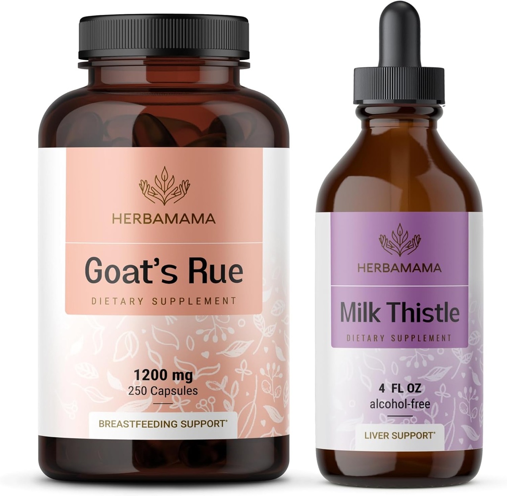 HERBAMAMA Goats Rue and Milk Thistle Kit - Bundle of 1200 mg Goats Rue Capsules & Milk Thistle Lever Detox Drops 4 fl oz - Vegan, Non- GMO, Sugar & Alcohol- Free - 2 Pack