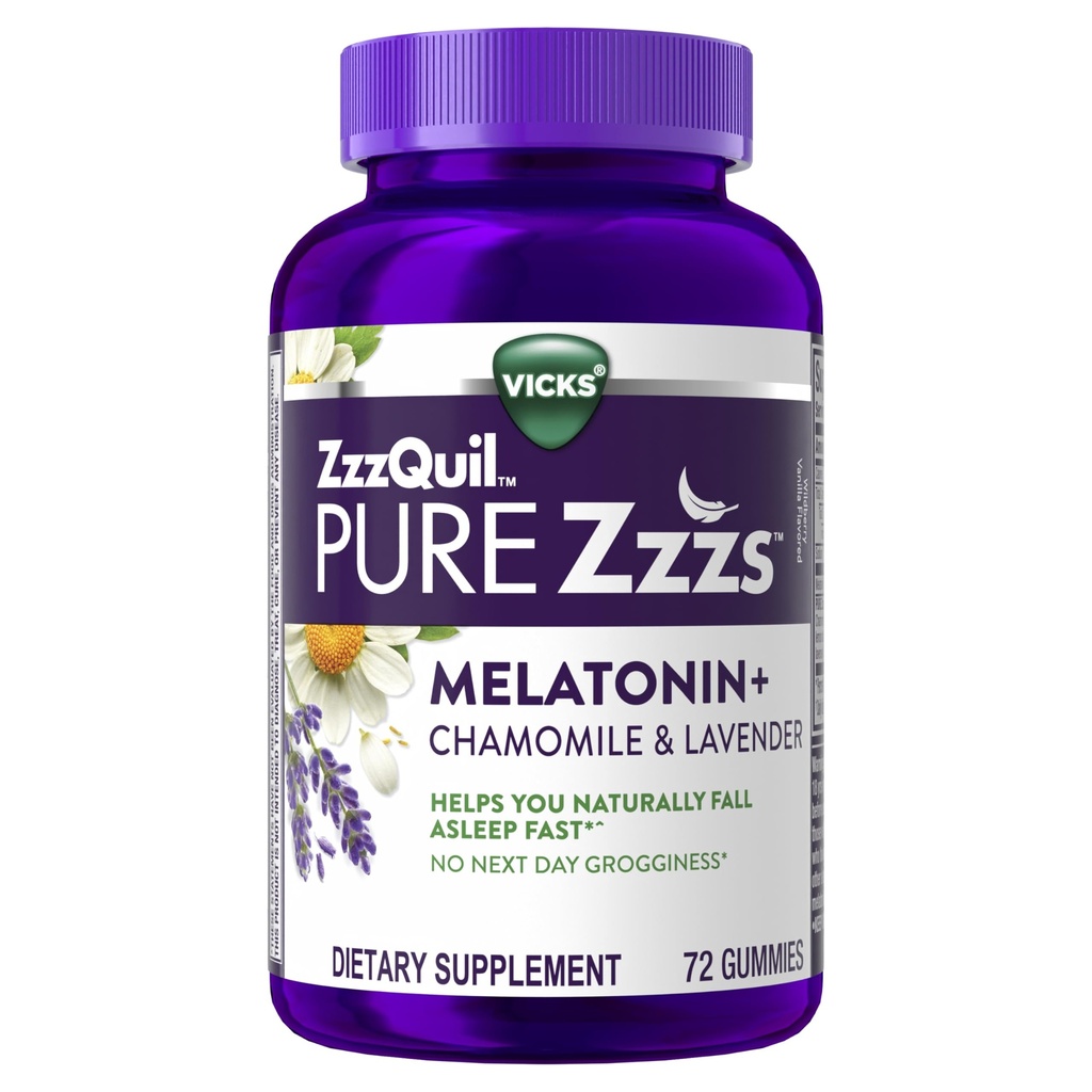 ZzzQuil PURE Zzzs Melatonin Gummies, Sleep Aid, Melatonin 2mg, med Kamille & Lavender, Melatonin Sleep Gummies, Sleep Aid for Voksne, Wildberry Vanilla Smaget, 72 Sleep Gummies