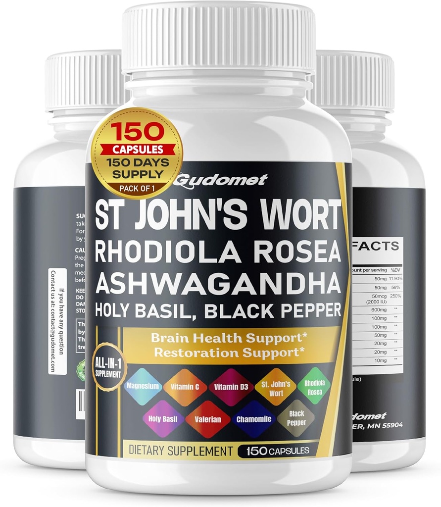 St. John 's Wort Rhodiola Rosea Ashwagandha Holy Basil Valerian Kamille Black Pepper -150 Capsules - Made in USA
