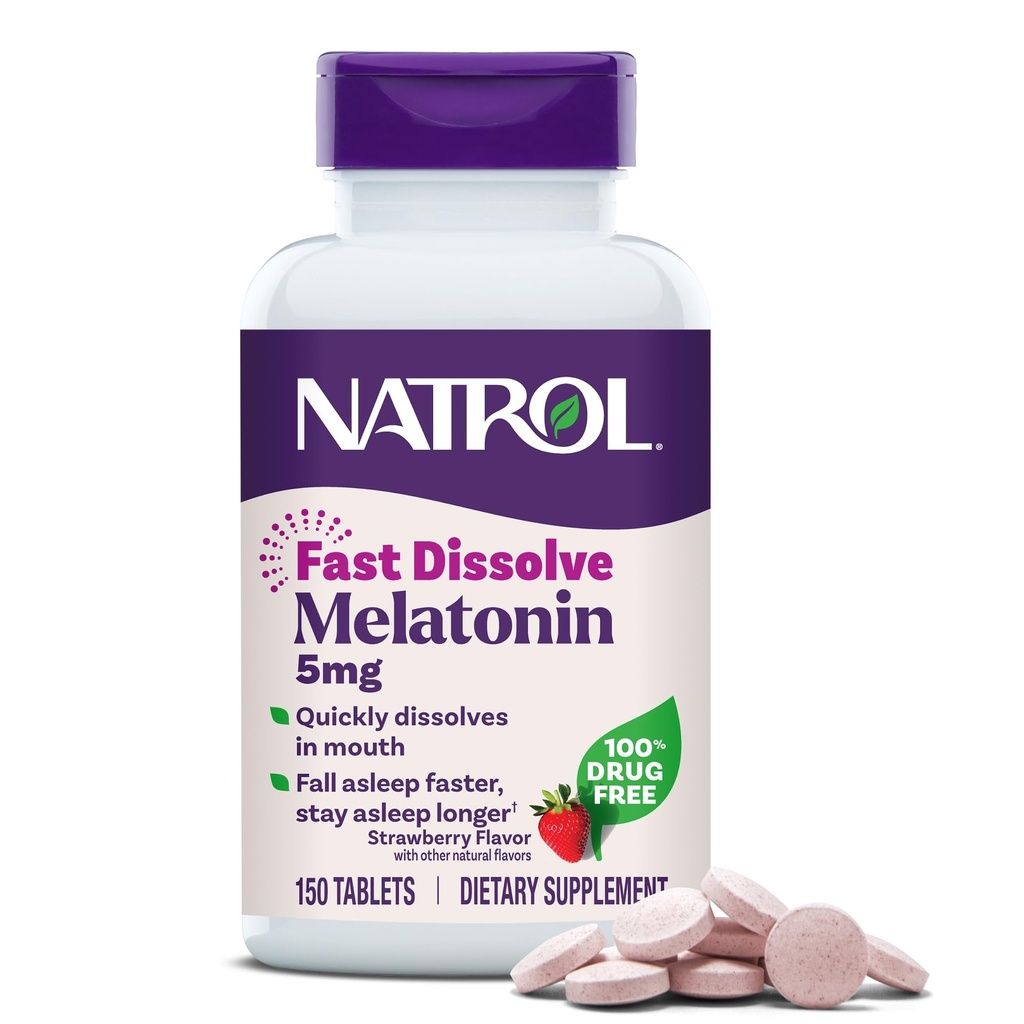 Natrol Melatonin 5mg Fast Opløs tabletter, Sovetilskud til voksne, Strawberry Flavor, 150 tabletter, Op til 150 dages forsyning