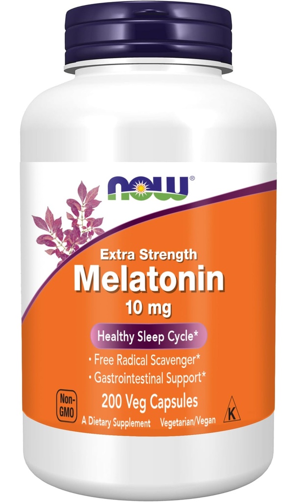 Now Foods Supplements, Melatonin, Extra Strength 10 mg, Free Radical Scavenger *, Sund søvn cyklus *, 200 Veg kapsler