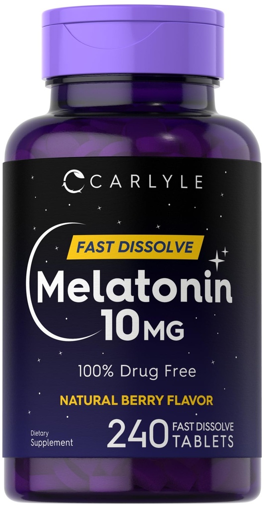 Carlyle Melatonin 10mg Fast Opløs Tablets Б124; 240 Greve Б124; Berry Flavor Б124; 100% Drug Free Б124; Vegetar, Non- GMO, Gluten Free Supplement