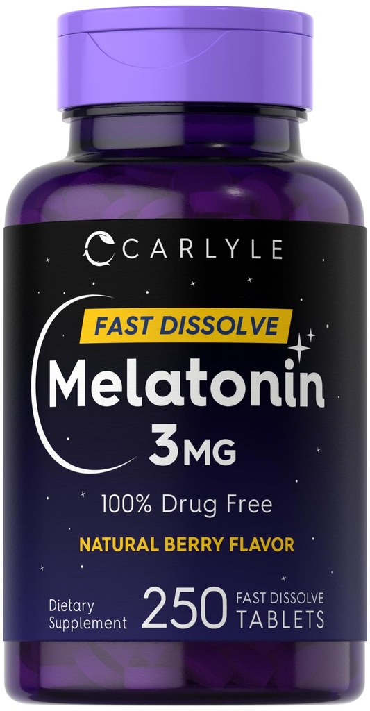 Carlyle Melatonin 3 mg hurtigt opløses Tabletterne er 124; 250 Tæller 124; Lavdosis og medicin er fri 124; Vegan, Non- GMO, Gluten fri