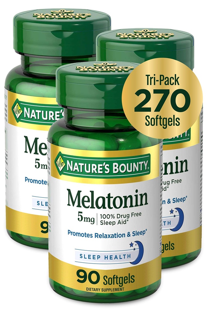 Naturens Bounty Melatonin 100% Drug Free Sleep Aid, Kosttilskud, fremmer afslapning og søvn sundhed, 5 mg, 90 Greve, pakke med 3