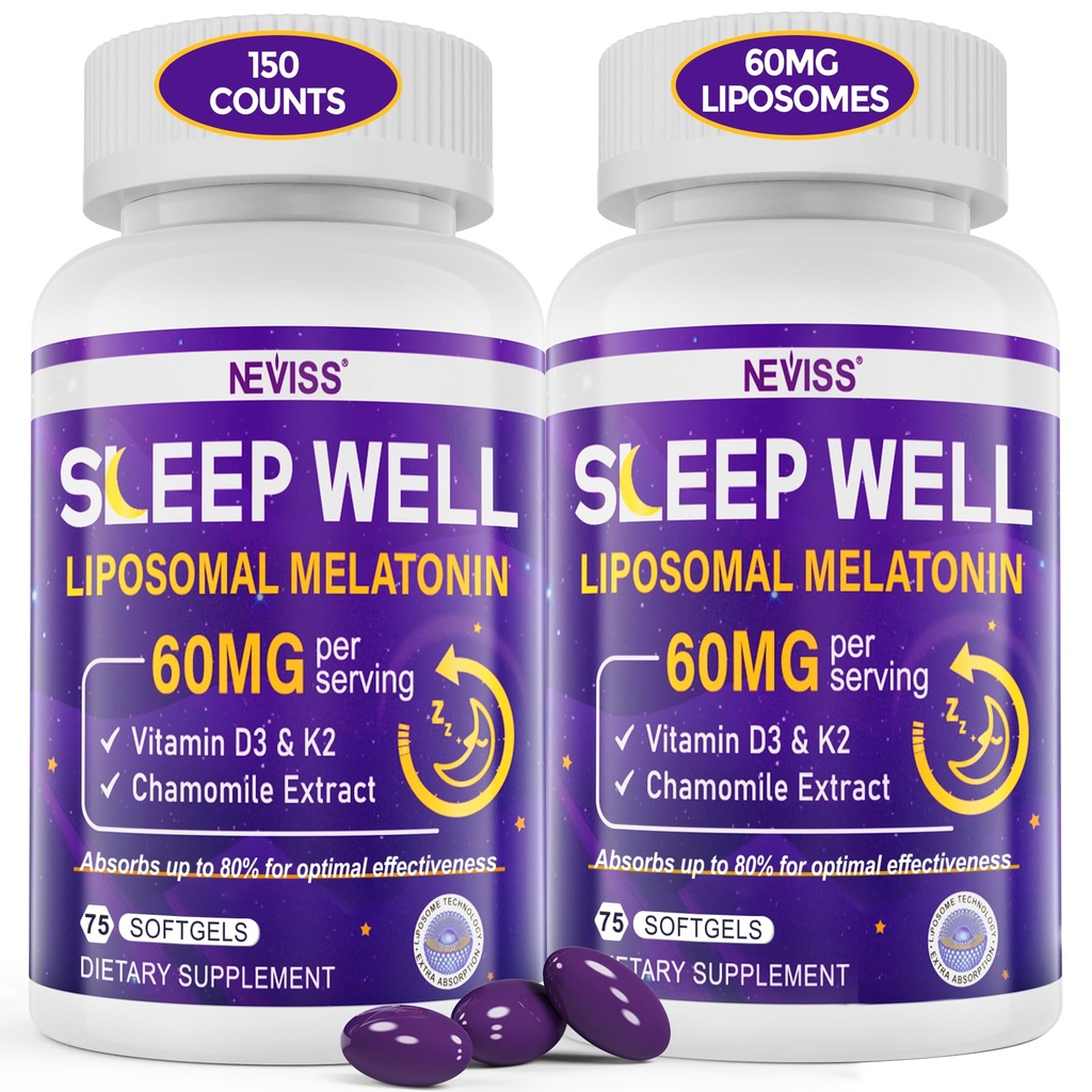 Melatonin 60 mg til voksne høje doser, understøtter dyb hvile & hjerne kognition, ekstra styrke Liposomal Melatonin med D3 K2 vitamin, kamille, for Sound Zzz cyklus, immunforsvar og antioxidant, 150 Softgels