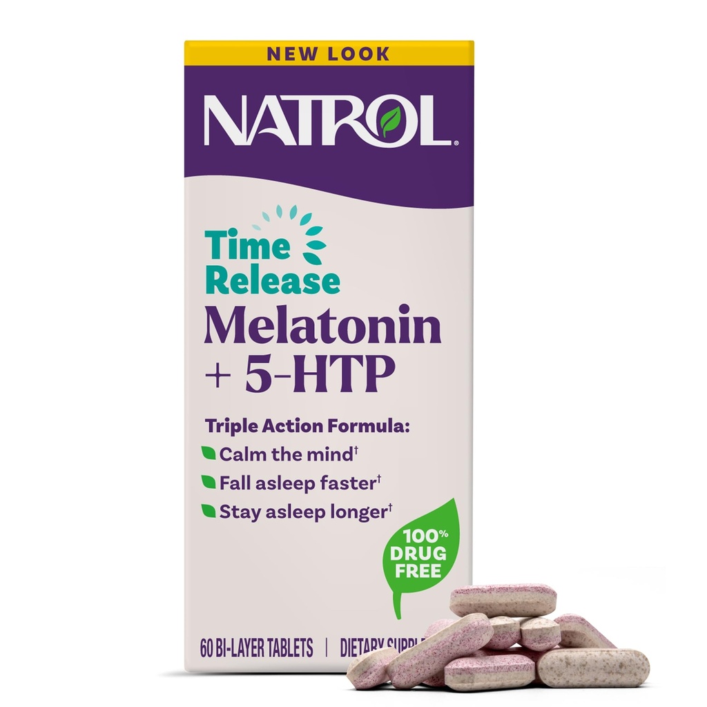 Natrol Melatonin + 5- HTP Time Release Sleep Aid, Triple Action Formel, berolige sindet, falde hurtigere og holde sig længere, 60 Bi- Layer Tablets, Op til en 60 dages forsyning