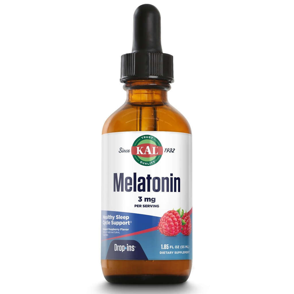 KAL Melatonin DropIns 3 mg, sund søvn støtte, flydende melatonin dråber til Optimal Absorption & Calming Afslapning Support, Hurtig fungerende, Natural Raspberry Flavor, Ca. 55 Serveringer, 1.85oz