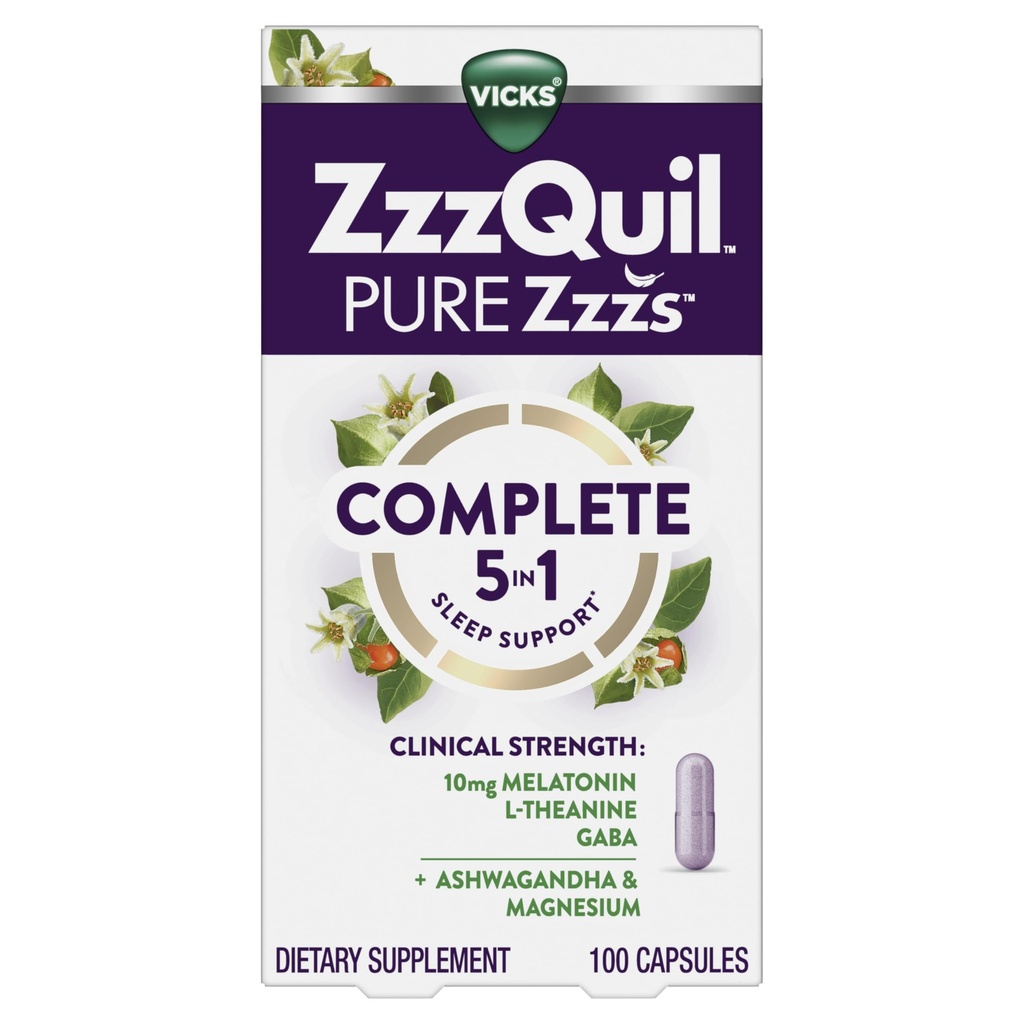 ZzzQuil Pure Zzzs Complete Sleep, Melatonin 10mg, L- Theanine, GABA, med Ashwagandha, og Magnesium, Melatonin Sleep Aid, 100 Tæl