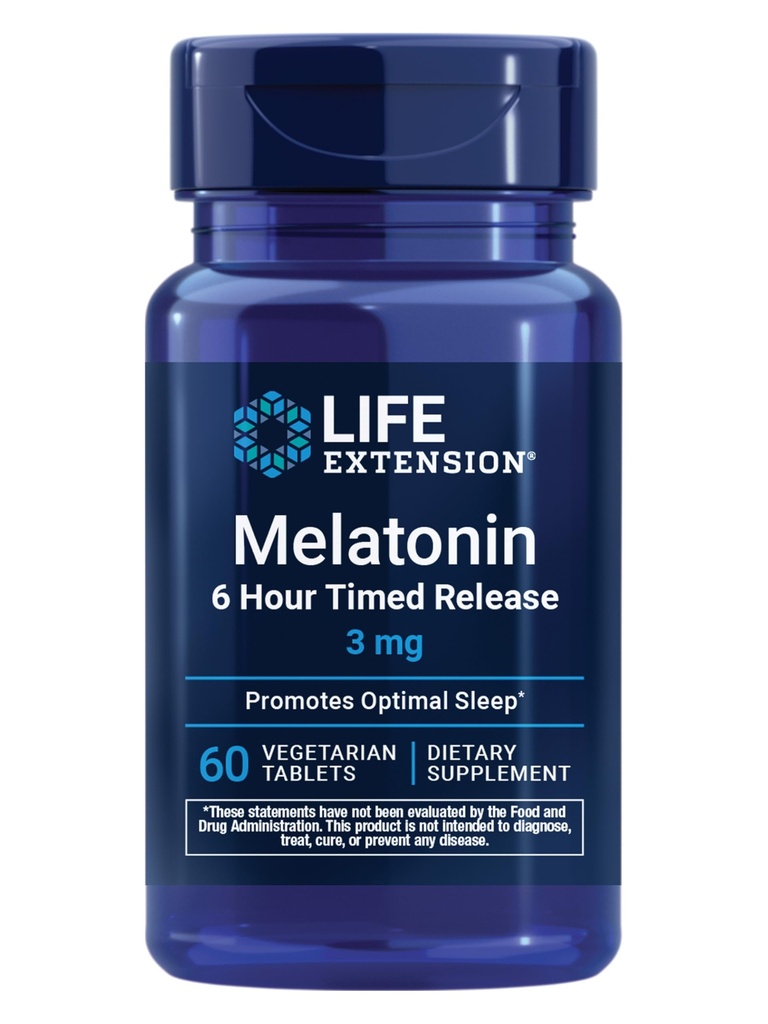 Life Extension Melatonin 6 Hour Timeed Release, 3 mg, Extended-Release Formel for Optimal Sleep Support, Sunde cirkadiske Rhythms, Cellular Defense, Gluten- Free, Non- GMO, Vegetar, 60 tabletter