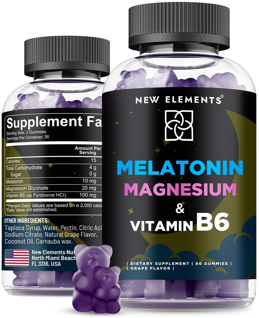 Nye elementer Melatonin Gummies 10mg med Magnesium Glycinate & Vitamin B6 B6 124; Sleep Support, Afslapning & Stress Relief