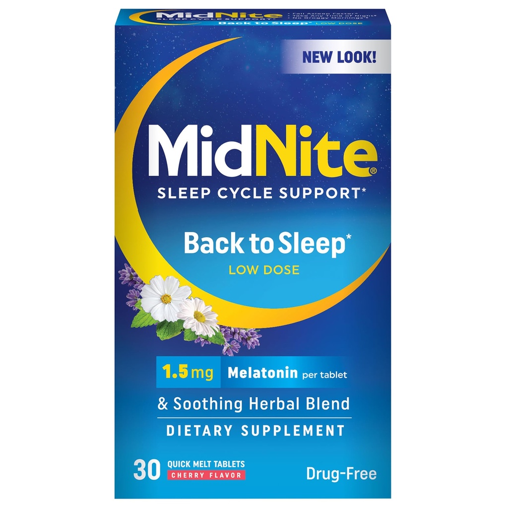 MidNite Tilbage til søvn Lav dosis, 1, 5 mg Melatonin Sleep Aid, Non-Habit Danning, Urtemedicin supplement til voksne, drug- fri, Gluten- fri, Lactose- fri, Vegetar, Vegan, 30 Quick Smelt tabletter