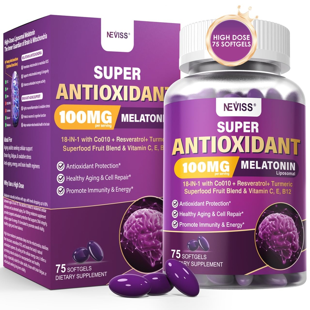 Melatonin 100 mg for antioxidant & kognitiv sundhed, Ultra High Dosis Melatonin med CoQ10, Gurkemeje, Trans- Resveratrol, Vitamin B12 C E for Brain Anti- Aging, Cellular Repair and Energy, 75 Softgel