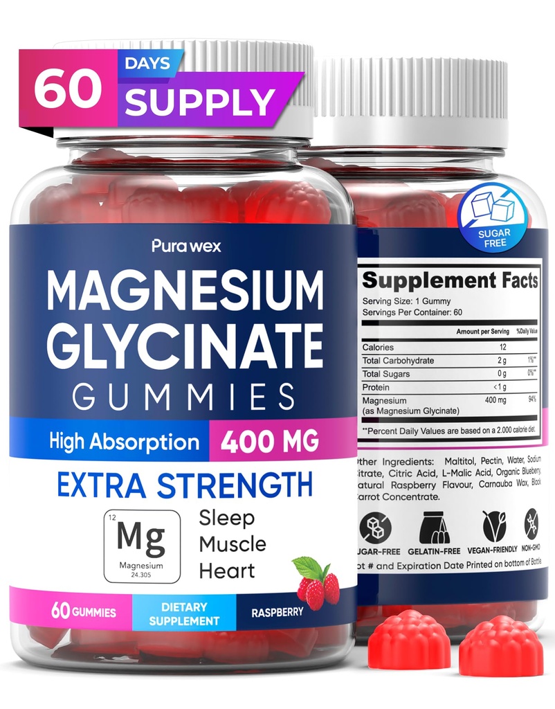 Magnesium Glycinat Gummies 400mg, Høj Absorption Magnesiumsupplement til kvinder, mænd og børn, Muskelstøtte og afslapning, Sukker fri, Vegan, 60 dages forsyning