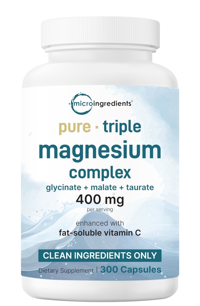 Micro Ingredients Pure Magnesium Complex, 300 Capsules Yep 124; Triple Magnesium Glycinate, Malat, Taurat med vitamin C Yep 124; 100% Chelated Mep 124; Understøtter Muscles, Nerves, & Energy Yep 124; Kun aktive Ingredienser
