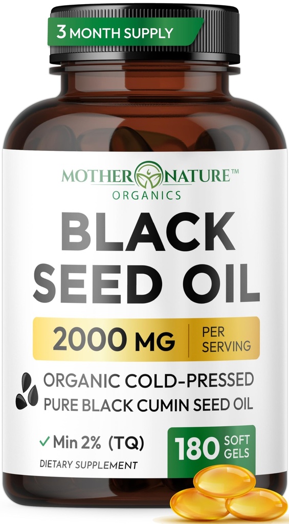 Black Seed Oil Capsules 2000mg Per Serving, Organic Cold Pressed Black Cumin, High TQ, Immun & Joint Support, 180 Greve (3 måneder Tilgang)