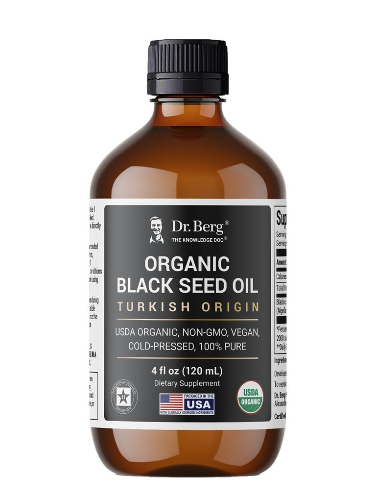 Berg Black Seed Oil Organic Cold Pressed - Pure Nigella Sativa Black Cumin Oil - USDA Organic, Halal, Vegan - til hår, hud, immunforsvar - Uraffineret væske - 4 oz glasflaske