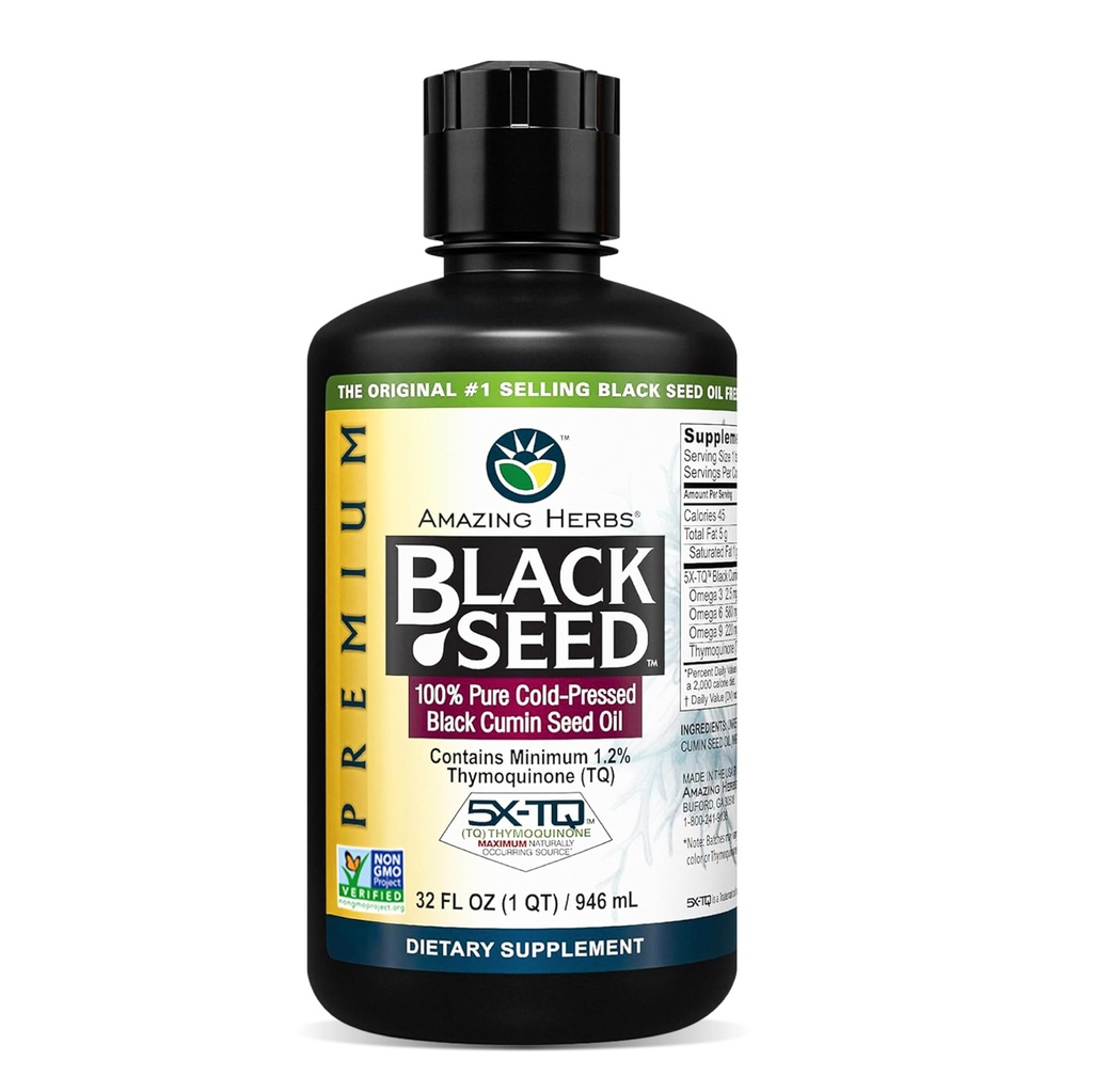 Amazing Herbs Premium Black Seed Oil - Cold Pressed Nigella Sativa aids i fordøjelsessygdomme, immunforsvar, hjernefunktion, fælles mobilitet, gluten fri, ikke GMO - 32 Fl Oz