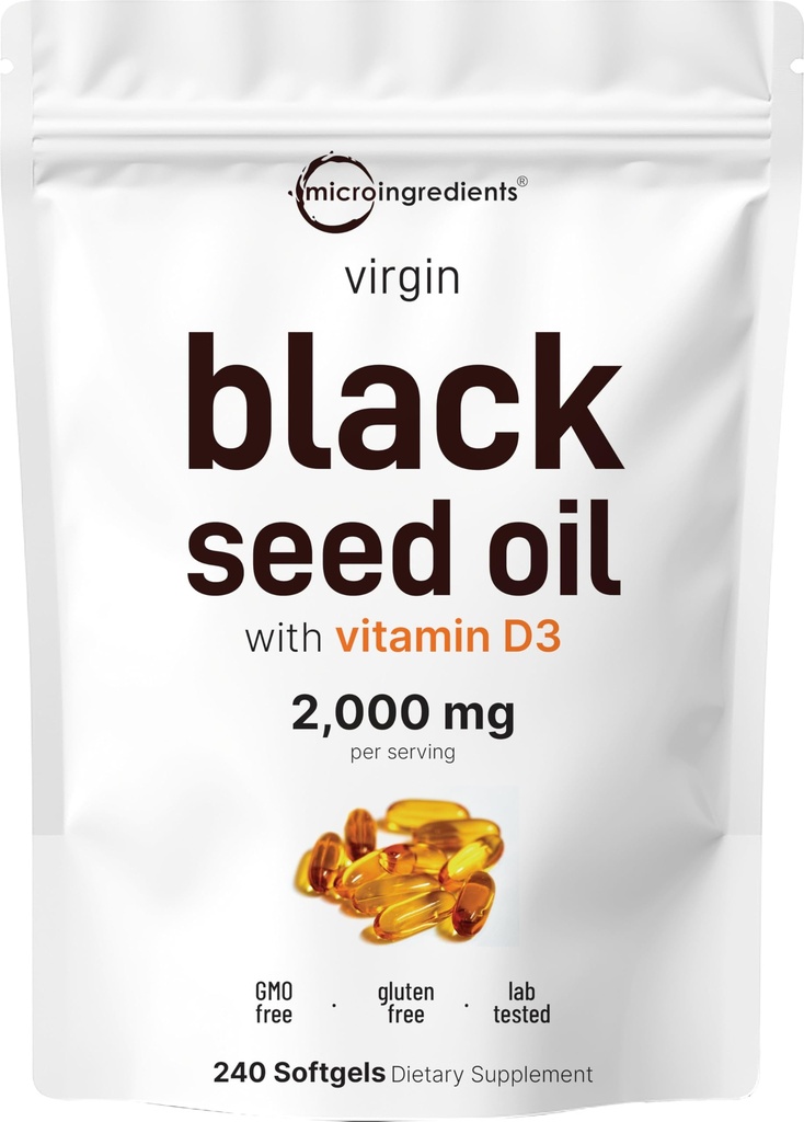Micro Ingredients Black Seed Oil with Vitamin D3 1000 IE, 240 Softgels against 124; 2.000 mg Black Seed Oil Per Serving