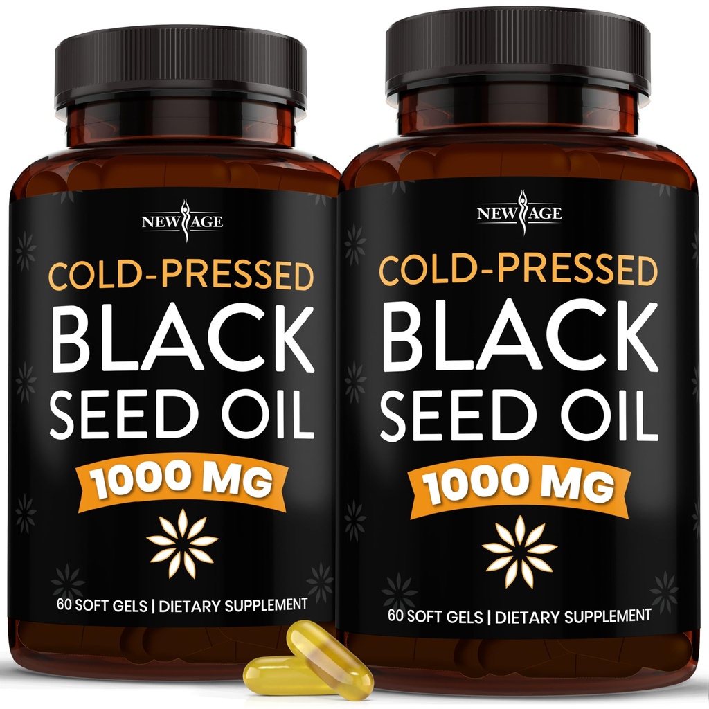 NEW AGE Black Seed Oil Softgel Capsules - Premium Cold- Pressed Nigella Sativa Producerer Pure Black Cumin Seed Oil - Non- GMO & Vegetar (120 Softgels)