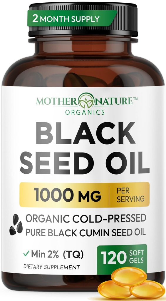 Black Seed Oil Capsules 1000mg, Organic Cold Pressed Black Cumin, High TQ, Immun & Joint Support, 120 Greve (2 måneder Tilgang)