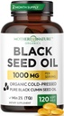 Black Seed Oil Capsules 1000mg, Organic Cold Pressed Black Cumin, High TQ, Immun & Joint Support, 120 Greve (2 måneder Tilgang)