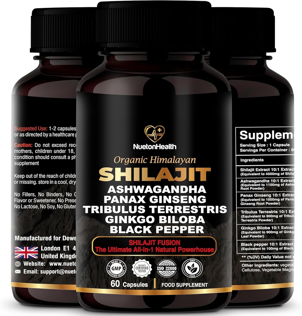 Himalayan Shilajit Kapsler med Ashwagandha, Ginseng, Tribulus, Ginkgo & Black Pepper - Vegan, Glutenfri Botanisk Blend til daglig Wellness & Vitality - 60 Kapsler