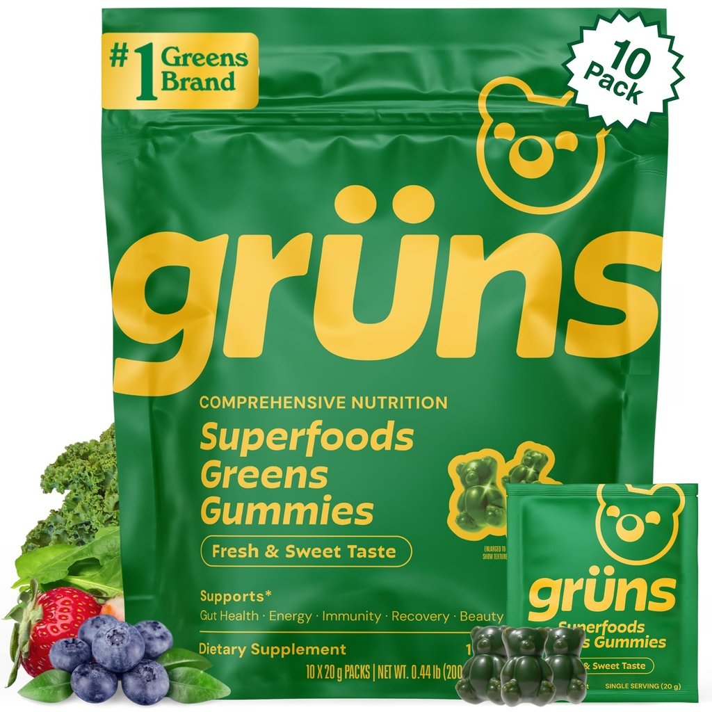 Grun voksne Super Green Gummies, Multivitamin Superfood Gummy Bears, Spirulina, Chlorella, Prebiotics & Fiber Gummies for fordøjelsessygdomme, Adaptogens supplement, 20 Vitamin & Min, 10 Tæl