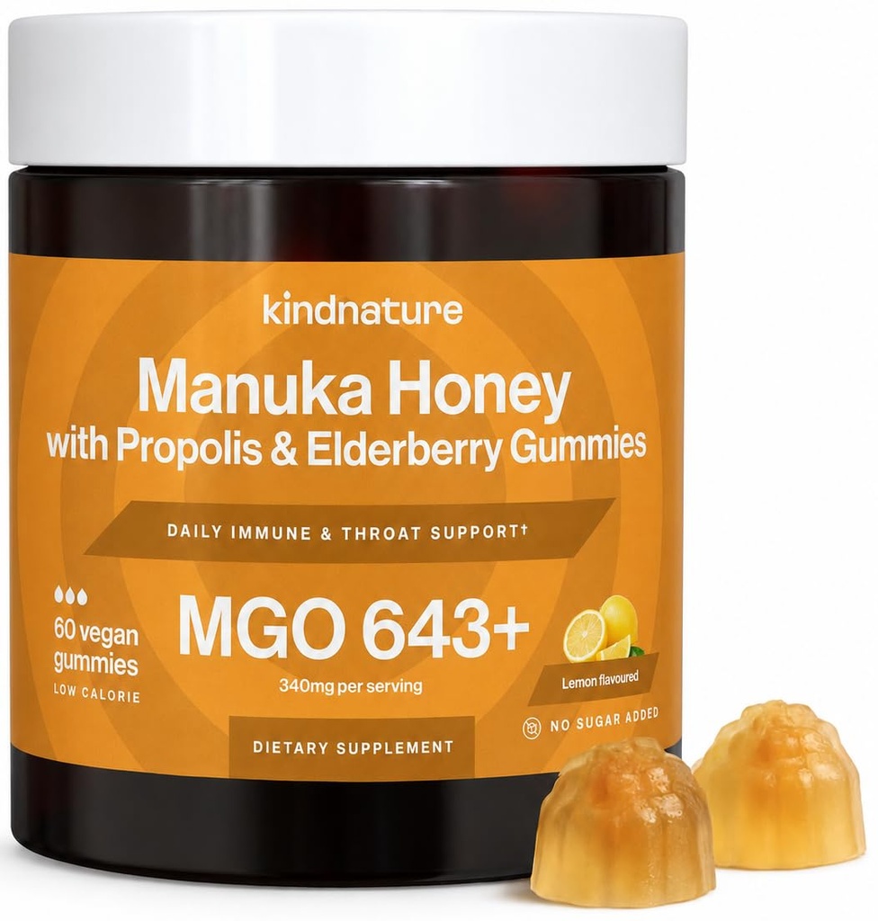KINDNATUR Manuka Honey Medical Grade Gummies MGO 643 + - New Zealand Manuka Honey med zink, C-vitamin, Elderberry - Hals Comfort & immunforsvar - Børn og voksne