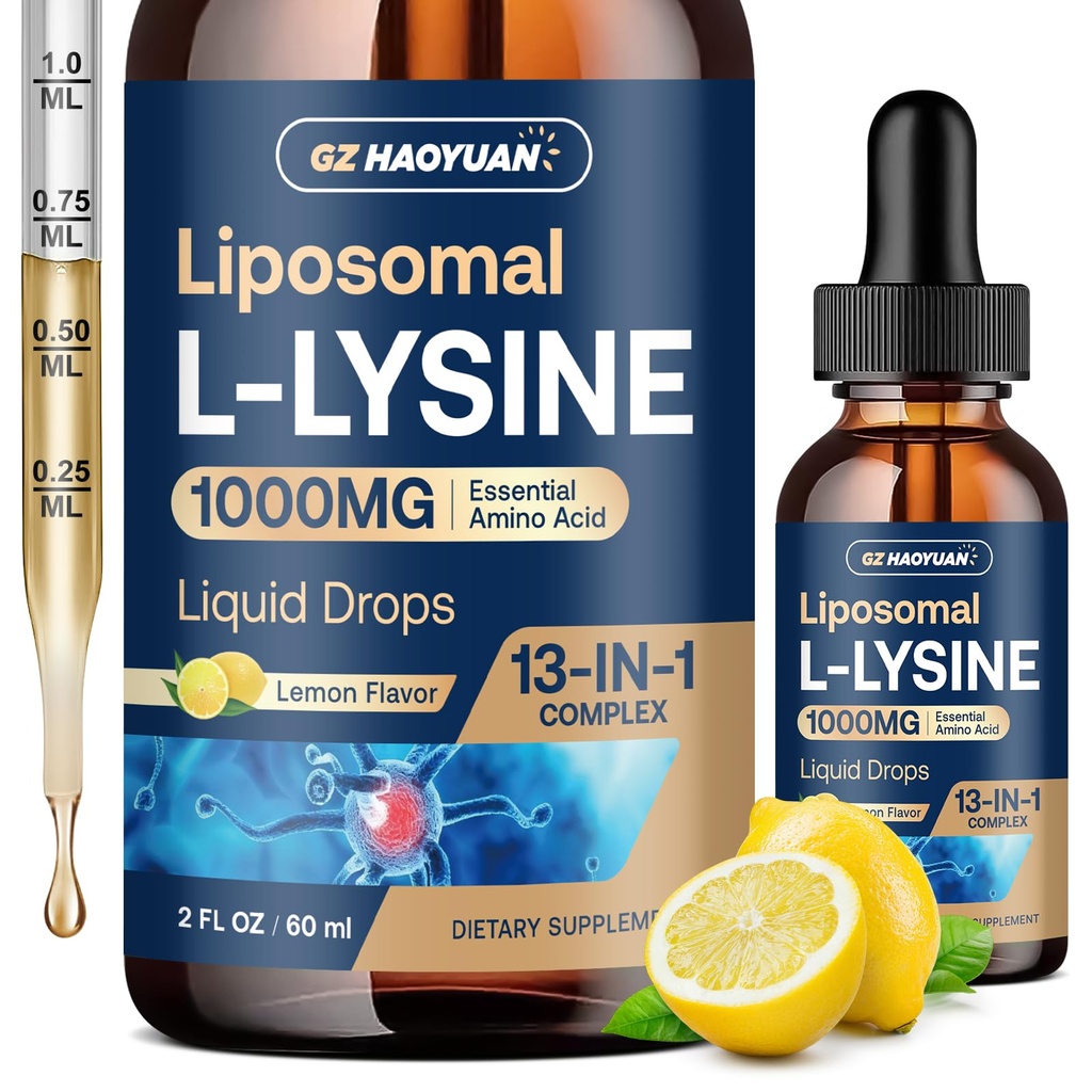 Liposomal L- lysine 1000MG Flydende dråber, 13-in-1 Lysin Kosttilskud - Monolaurin, Olive Leaf Extract med C-vitamin, B6, D3, B12 & Zink til Collagen, Lip, hud og immunforsvar til børn og voksne, 2oz