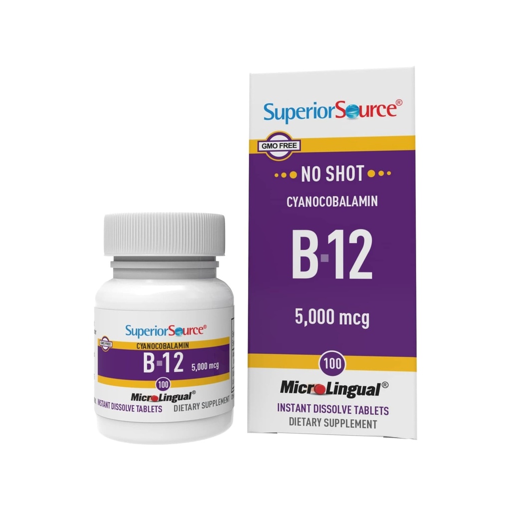 Superior Source No Shot Vitamin B-12 Cyanocobalamin 5000 mcg - Vitamin B-12 to Support Energy Production, Brain Health & Overall Wellness - Sublingual Tablets - 100 Dissolvable Tablets