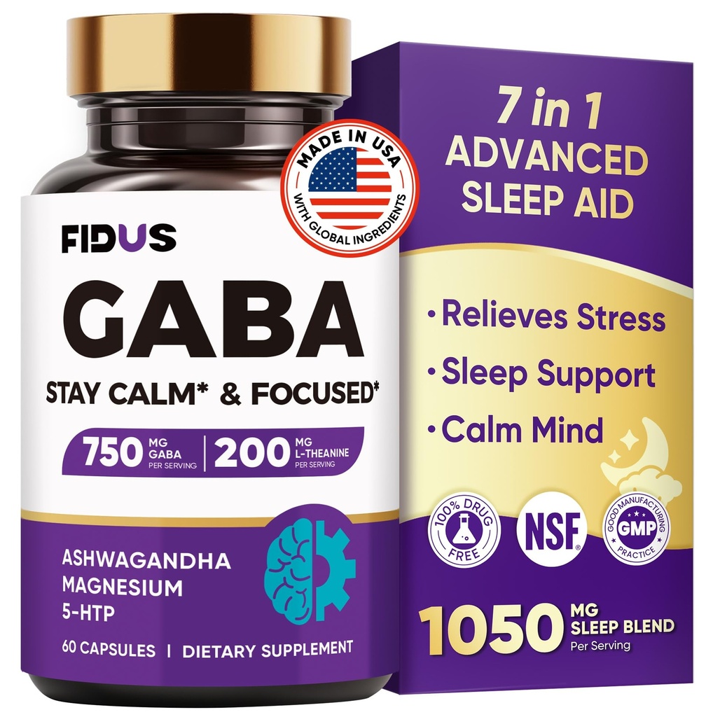 GABA L- Theanine Ashwagandha - 1050mg Blend - Made in USA - Advanced Sleep Aid & Calm - Magnesium, 5- HTP, B6-vitamin & B12, GABA (Gamma Aminosmørsyre) Supplement - Melatonin - Free & Non- Habit Forming