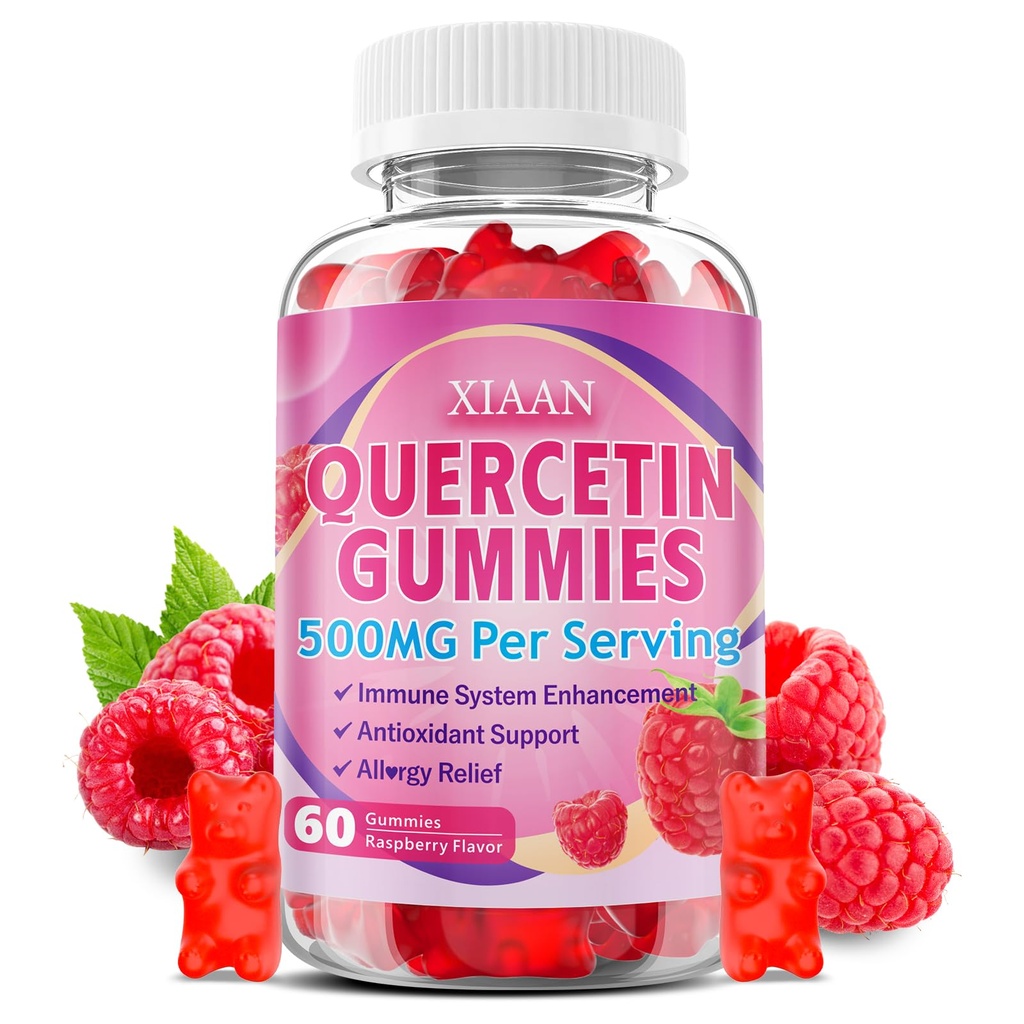 Quercetin Gummies 500 mg til børn og voksne, Organic Quercetin Kosttilskud med bromelain Zinkvitamin C og D3 Support Antioxidant & immunsystem Sundhed, Raspberry Flavor 60 Greve
