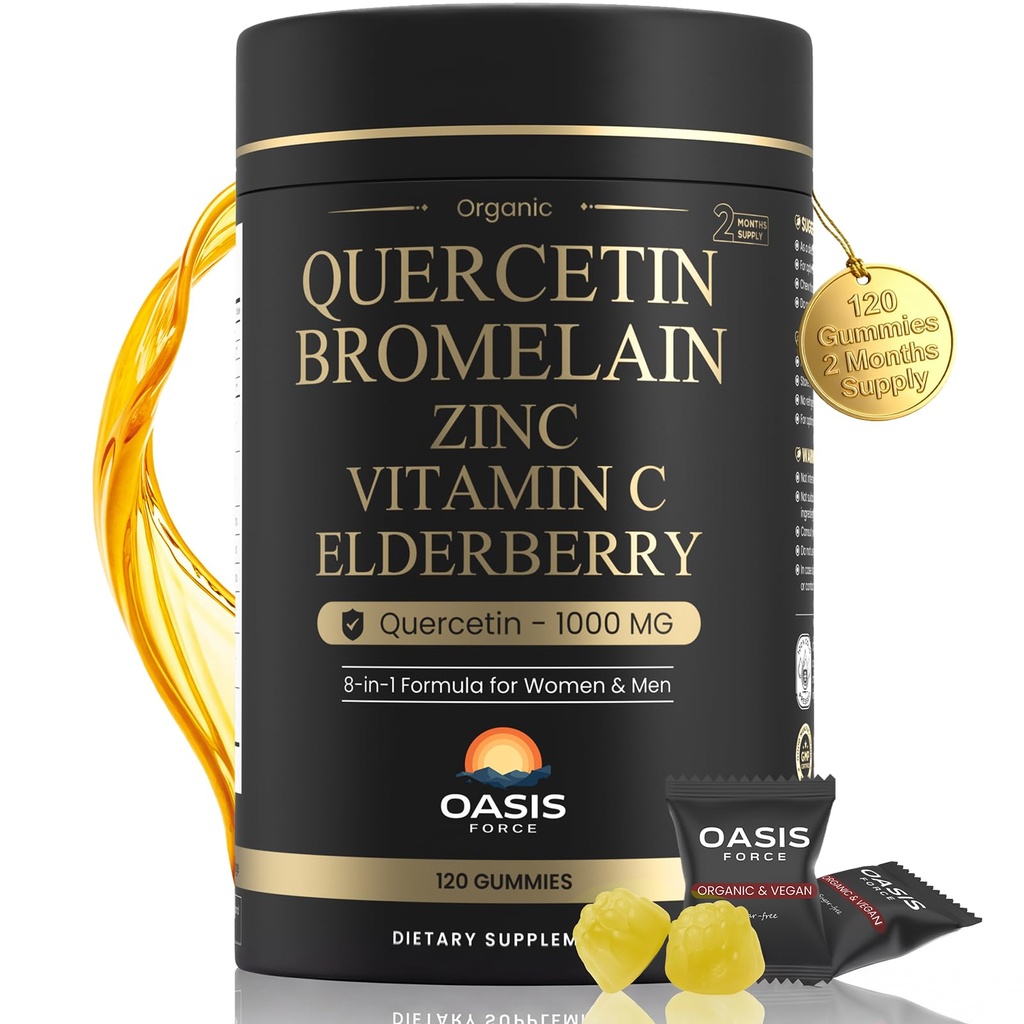 8-in-1 Quercetin med bromelain Gummies 1000mg, High Potency Organic Quercetin tillæg med zink & C-vitamin, hyldebær, sæsonbetinget wellness & immunforsvar, Vegan, Sukker fri, 120 Gummies