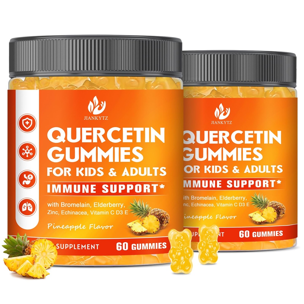 (2 Pack) Sugar Free Quercetin med Bromelain Gummies for Kids & Voksen - Immun, Antioxidant, Sæsonstøtte, 1000mg Quercetin Kosttilskud med Bromelain, Zink, Elderberry, C-vitamin D3 E, 120 Greve