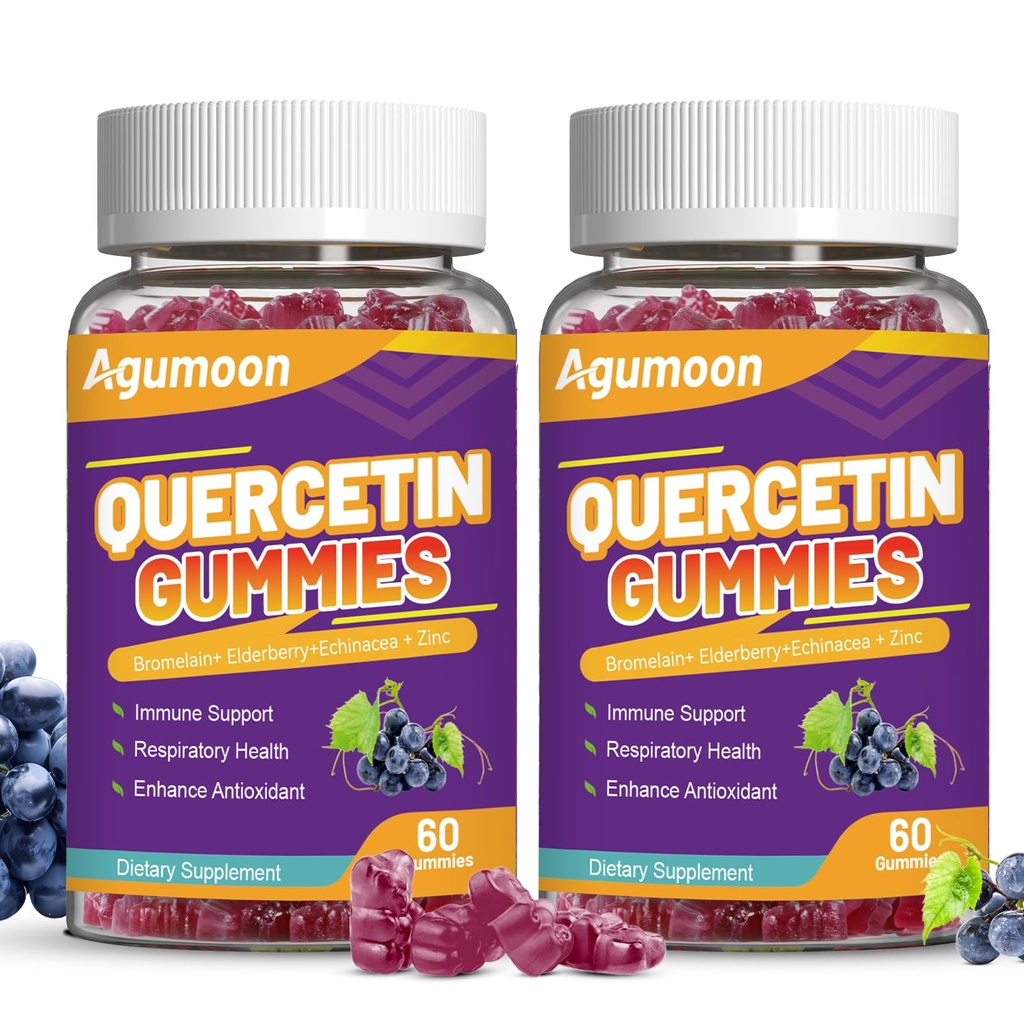 2 Pack Quercetin Gummies, 1000mg Quercetin med bromelain Zink Elderberry, immunforsvar og antioxidant Support, Veganske Gummies til voksne & Børn, 120 Greve