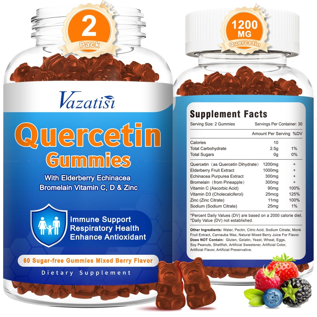 2 Pack Quercetin med Bromelain Gummies, Quercetin med C-vitamin Zink & Elderberry til immunsystem & Allergy, Chewable & Vegan Gummies, Blandede Berry Flavor 120 Cts