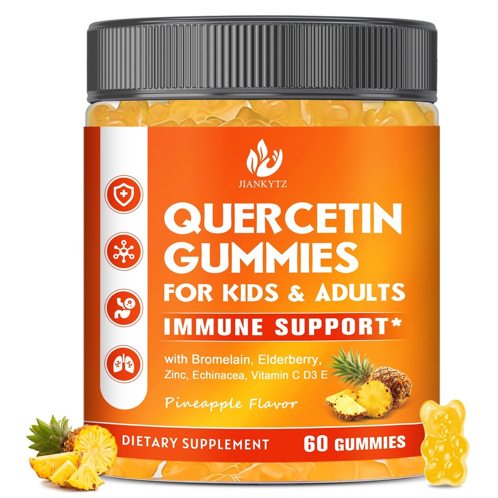 Sugar Free Quercetin med bromelain Gummies for Kids & Voksen - Immunation, Antioxidant, Sæsonstøtte, 1000mg Quercetin Kosttilskud med bromelain, Zink, Elderberry, C-vitamin D3 E, Vegan, 60 Greve