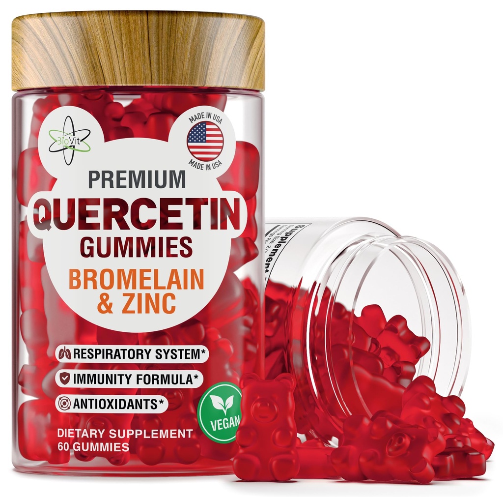 BioVit Quercetin Gummies 500MG - Aktiveret Quercetin til børn og voksne immunsystem & Allergy - Chewable med bromelain, zink, C-vitamin, D3-vitamin - Made in USA - 60 Vegan Gummy Bears