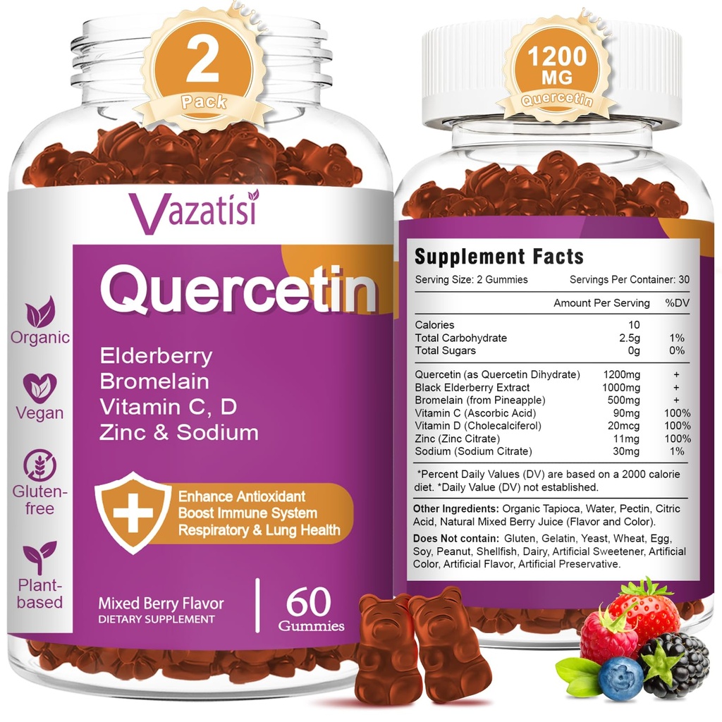 Quercetin Gummies, Quercetin med C-vitamin Zink, Bromelain, Elderberry og D-vitamin, immunstøtte voksne børn, Kvinder Mænd 120 Gummies Chewable