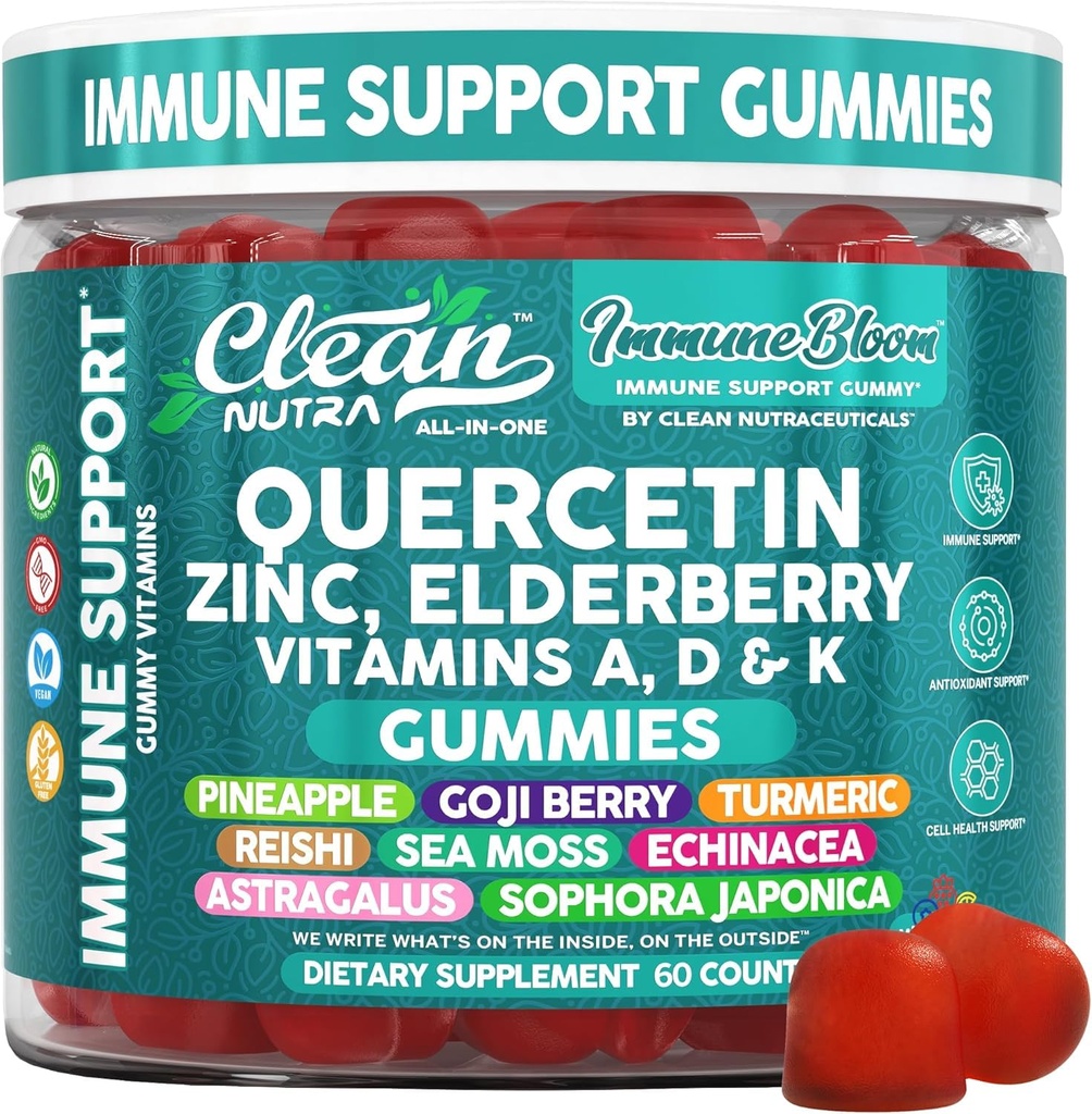 Ren Quercetin Elderberry immunstøtte Gummees; Zink Vitamin K2 D3 A Bromelain Goji Berry gurkemeje Moss Echinacea Astragalus Selenium Olive Leaf Immunitet Supplement Gummy Vitaminer