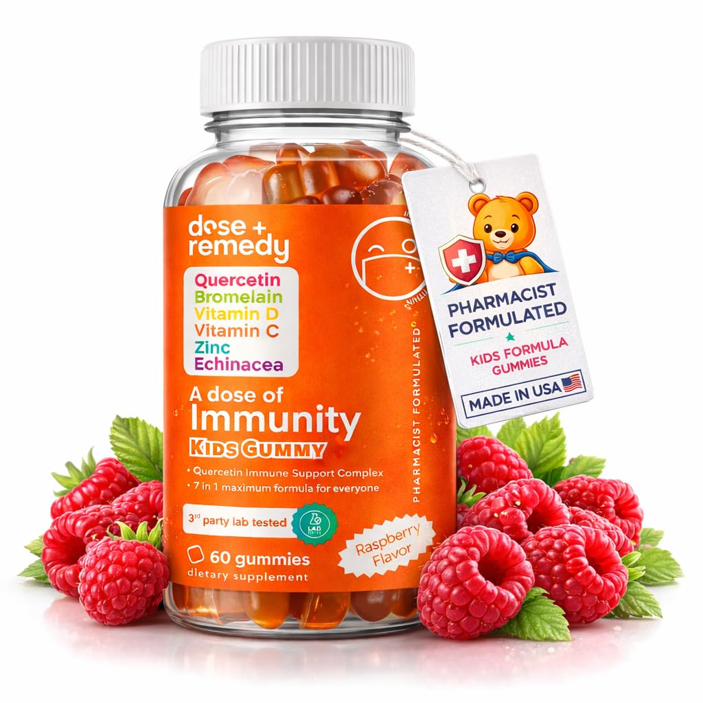 En dosis af børn Immunity Support Gummies - Daglig immunbooster supplement Quercetin Gummies for børn med vitamin B kompleks, C-vitamin, zink, D-vitamin, Quercetin Bromelain, Echinacea - 60 Greve