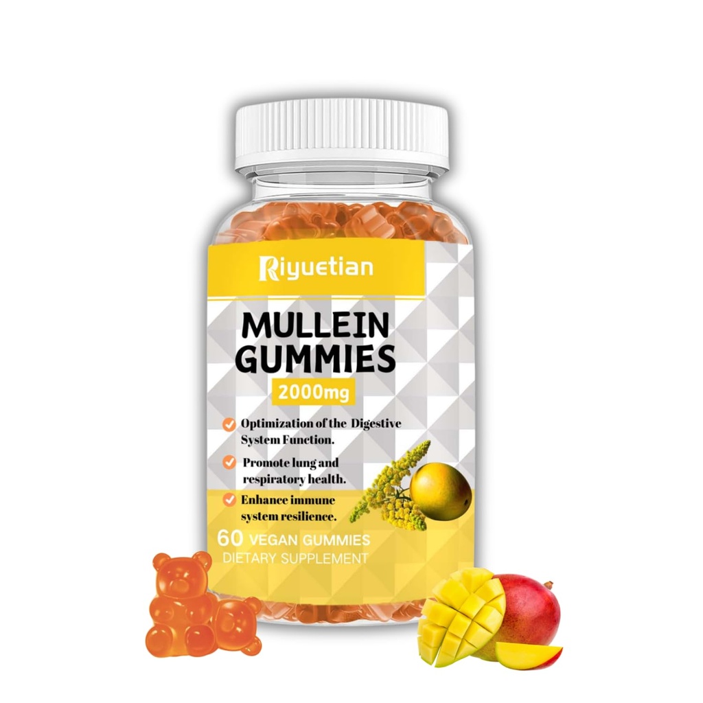 Mullein Gummies, 2000mg Organic Mullein Leaf Extract med Quercetin, Bromelain & Vitamin D3, Mullein Leaf Extract for Respiratory, Natural Lung Cleanse, Forbedre Appetite, Vegan, Non- GMO, 1 Pack